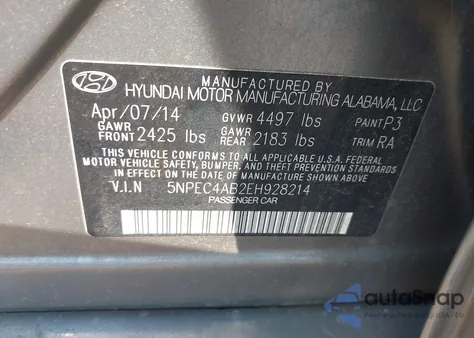 2014 Hyundai Sonata Se 2.0T from USA, damaged, VIN 5NPEC4AB2EH928214